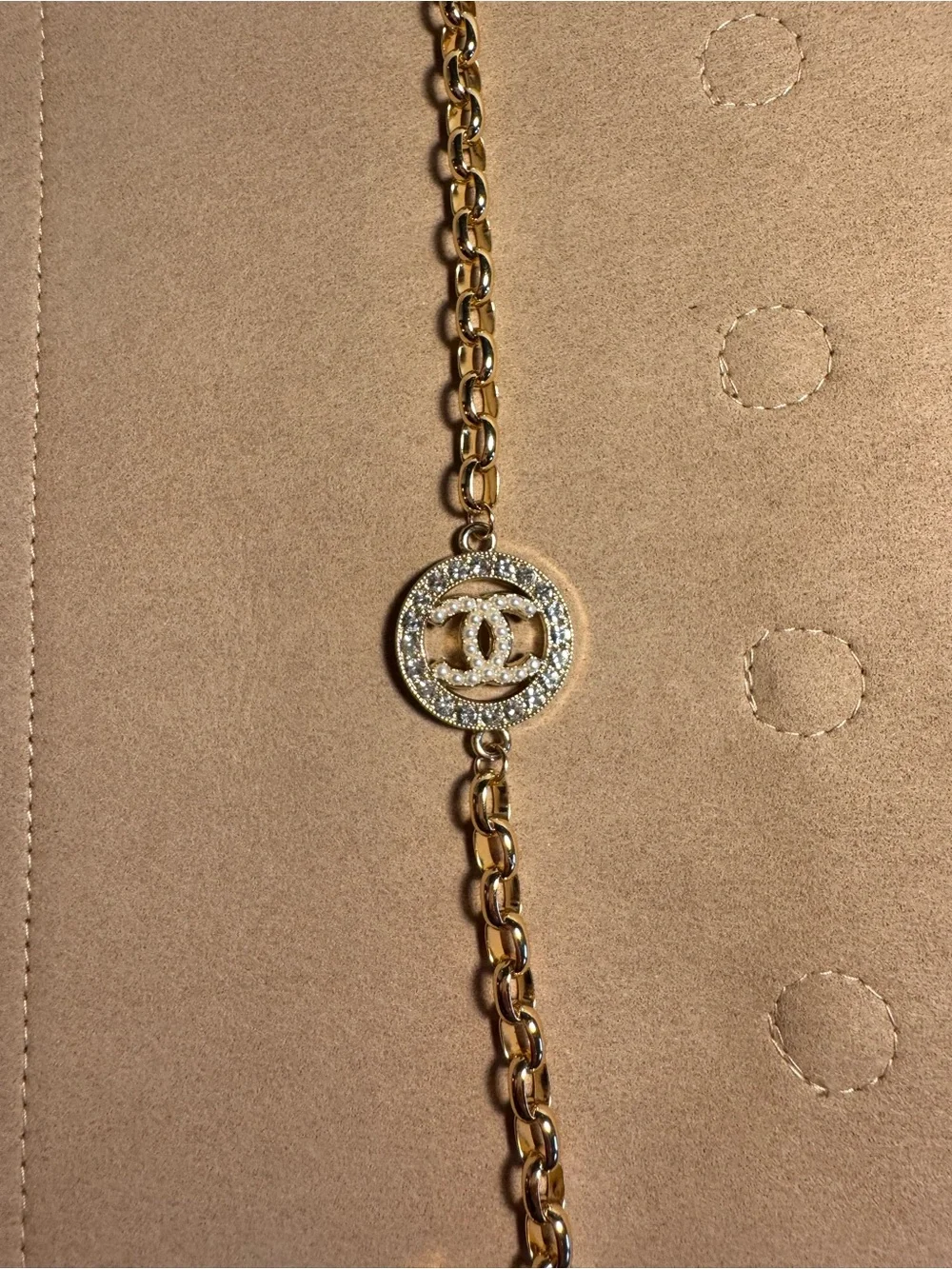 Chanel Pearl CC Gold Crystal Logo Chain Bracelet